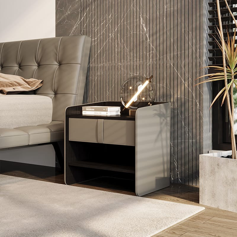 Solid Wood Nightstand with Faux Leather